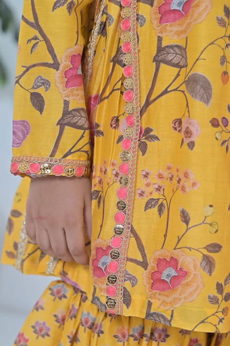 The Plum Bum_Yellow Chanderi Silk, Net Embroidery Floral Kurta Sharara Set _Online_at_Aza_Fashions