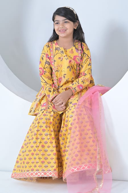 Buy_The Plum Bum_Yellow Chanderi Silk, Net Embroidery Floral Kurta Sharara Set _Online_at_Aza_Fashions