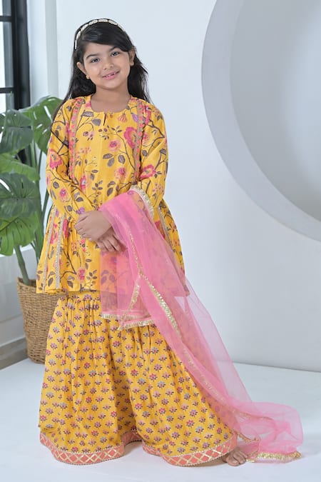 The Plum Bum Yellow Chanderi Silk, Net Embroidery Floral Kurta Sharara Set 