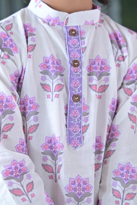 Shop_The Plum Bum_White Cotton Embroidery White-purple Floral Kurta Set _Online_at_Aza_Fashions