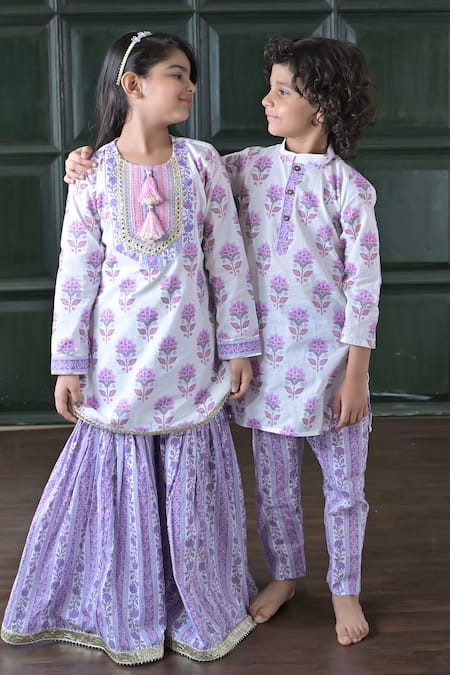 The Plum Bum_White Cotton Embroidery White-purple Floral Kurta Set _at_Aza_Fashions