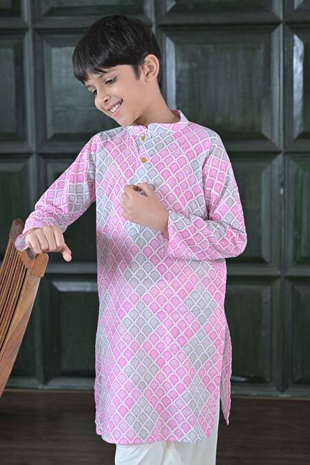 The Plum Bum_Pink Cotton Pink-grey Honeycomb Kurta Set _Online_at_Aza_Fashions