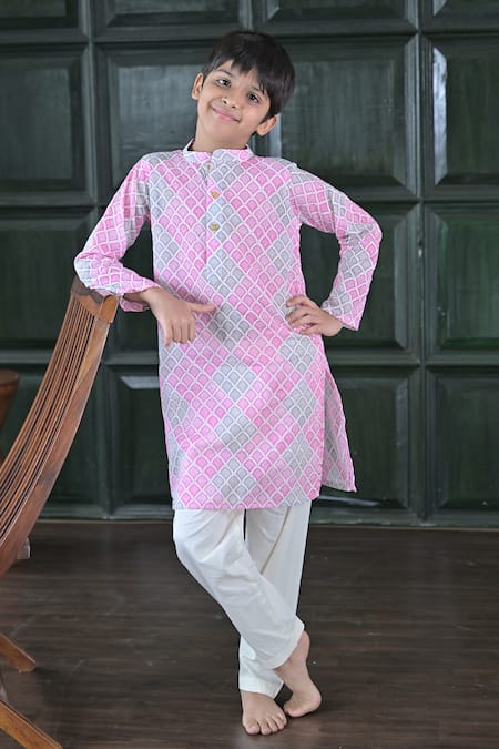 The Plum Bum Pink Cotton Pink-grey Honeycomb Kurta Set 
