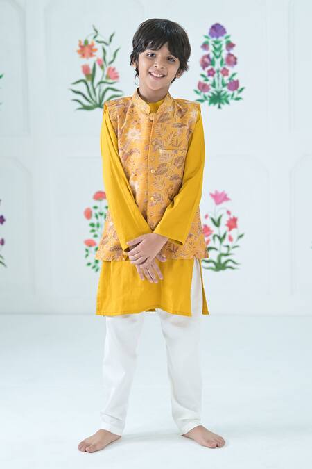 Buy_The Plum Bum_Yellow Chanderi, Cotton Floral Nehru Jacket Set _Online_at_Aza_Fashions