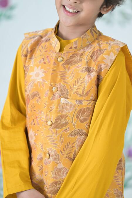 Shop_The Plum Bum_Yellow Chanderi, Cotton Floral Nehru Jacket Set _Online_at_Aza_Fashions