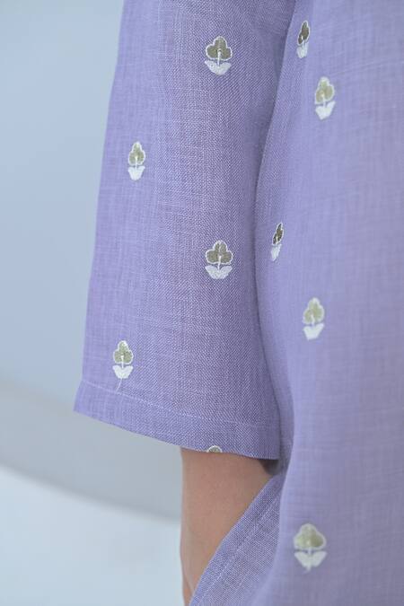 Buy_The Plum Bum_Purple Linen Embroidery Kurta Set _Online_at_Aza_Fashions