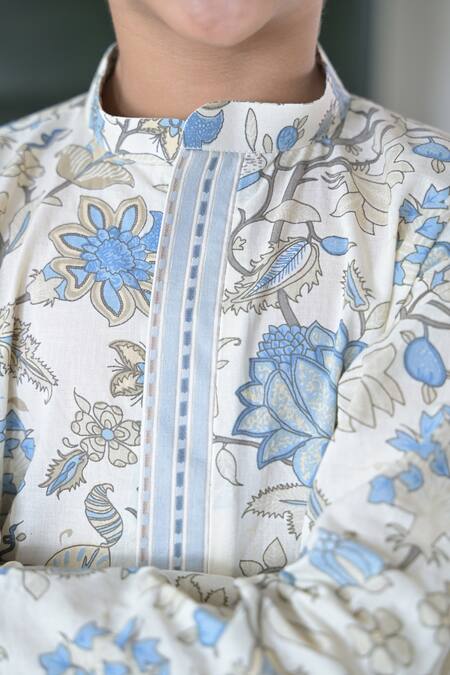 The Plum Bum_Ivory Cotton Floral Printed Kurta Pant Set _Online_at_Aza_Fashions