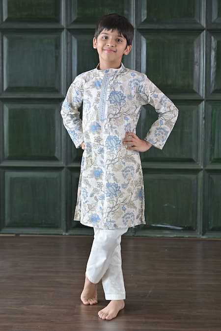 The Plum Bum Ivory Cotton Floral Printed Kurta Pant Set 