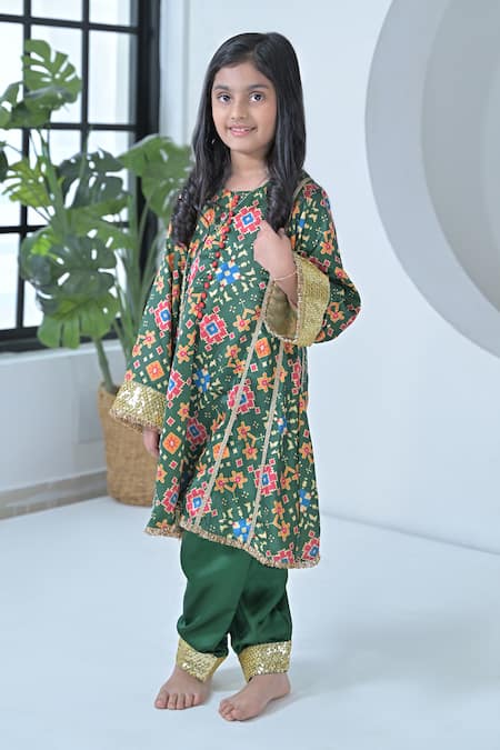 Shop_The Plum Bum_Green Modal Sequins Patola Pattern Kurta And Salwar Set _Online_at_Aza_Fashions