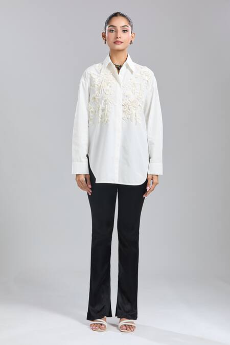 Dhruv Kapoor_White Embroidery Collared Bouquet Oversized Shirt _Online_at_Aza_Fashions