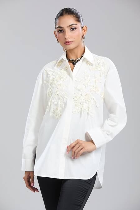 Shop_Dhruv Kapoor_White Embroidery Collared Bouquet Oversized Shirt _Online_at_Aza_Fashions