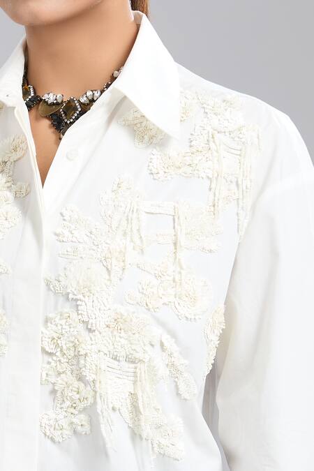 Dhruv Kapoor_White Embroidery Collared Bouquet Oversized Shirt _at_Aza_Fashions