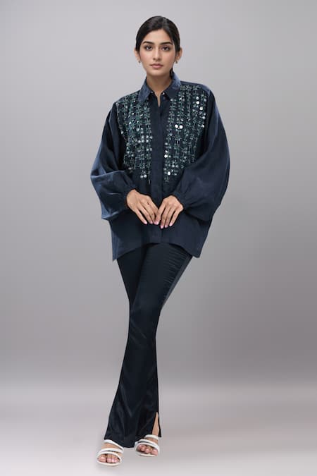 Dhruv Kapoor Blue Crystals Collared Navy Grid Batwing Shirt 