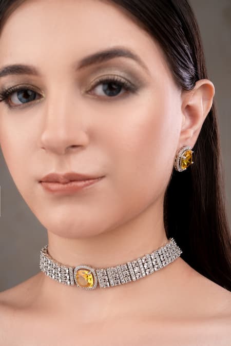 Anana Yellow Gemstones, Rhinestones Choker Necklace And Earring Set 