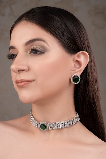 Anana Green Rhinestones Choker Necklace And Earrings Set 