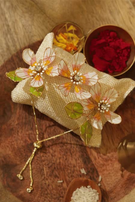 Floristaa By Mahek White Rhinestones, Pearls Meher Rakhi Lumba Set 