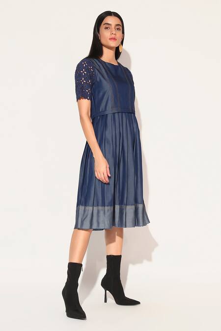 Linetribe_ Blue Denim Embroidery Round Neck Corvus Dress Online at Aza Fashions Linetribe__Blue Denim Embroidery Round Neck Corvus Dress _Online_at_Aza_Fashions