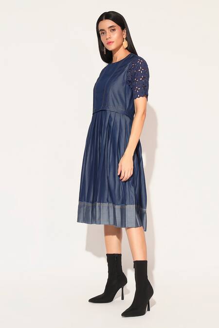 Buy Linetribe_ Blue Denim Embroidery Round Neck Corvus Dress Online at Aza Fashions Buy_Linetribe__Blue Denim Embroidery Round Neck Corvus Dress _Online_at_Aza_Fashions
