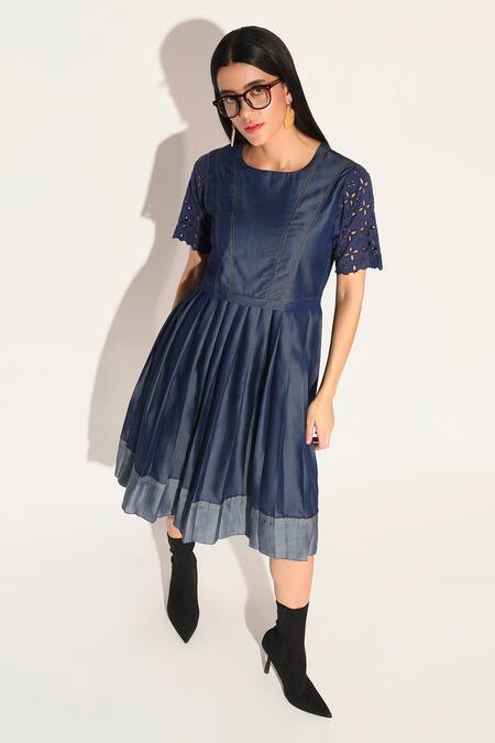 Shop Linetribe_ Blue Denim Embroidery Round Neck Corvus Dress Online at Aza Fashions Shop_Linetribe__Blue Denim Embroidery Round Neck Corvus Dress _Online_at_Aza_Fashions