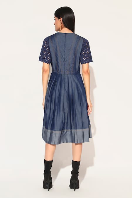 Shop Linetribe_ Blue Denim Embroidery Round Neck Corvus Dress at Aza Fashions Shop_Linetribe__Blue Denim Embroidery Round Neck Corvus Dress _at_Aza_Fashions
