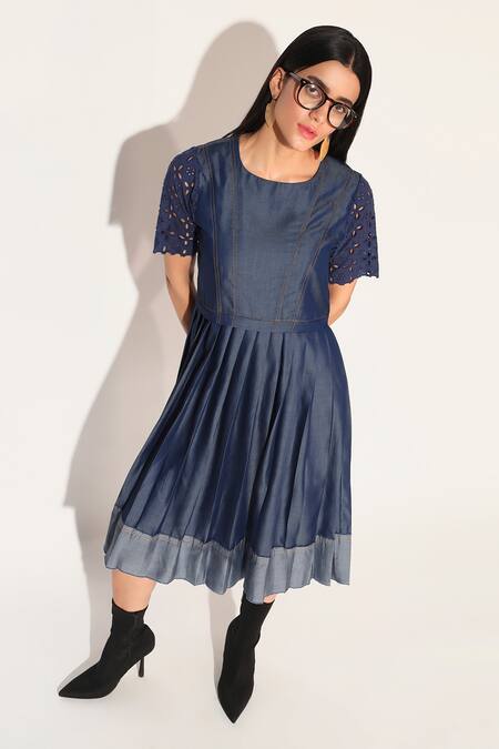 Linetribe_ Blue Denim Embroidery Round Neck Corvus Dress at Aza Fashions Linetribe__Blue Denim Embroidery Round Neck Corvus Dress _at_Aza_Fashions