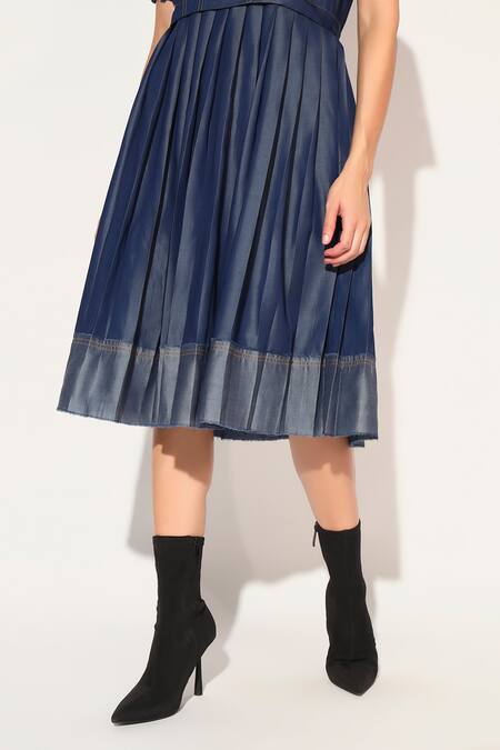 Buy Linetribe_ Blue Denim Embroidery Round Neck Corvus Dress Buy_Linetribe__Blue Denim Embroidery Round Neck Corvus Dress