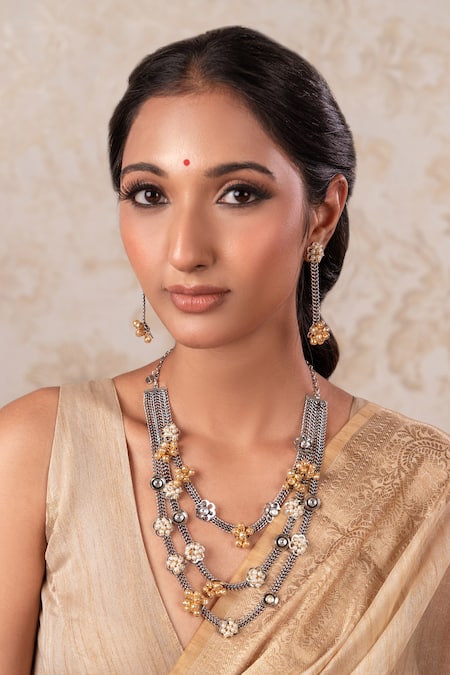 Anana Gold Plated Two Tone Floral Necklace And Earring Set 