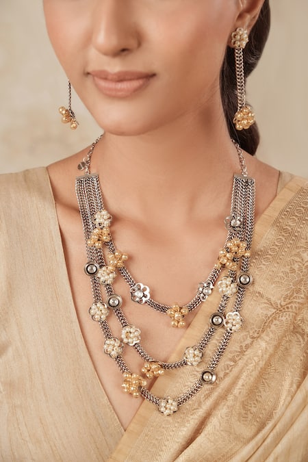 Shop Anana Gold Plated Two Tone Floral Necklace And Earring Set at Aza Fashions Shop_Anana_Gold Plated Two Tone Floral Necklace And Earring Set _at_Aza_Fashions