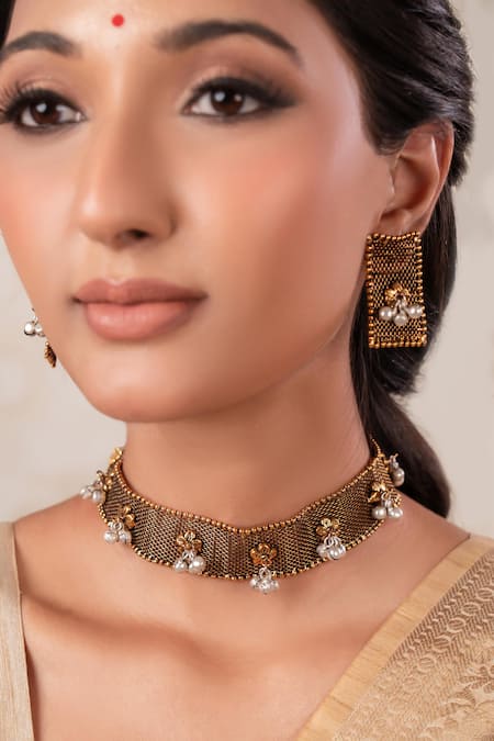 Anana Gold Plated Pearls Two Tone Choker Necklace And Earrings Set 