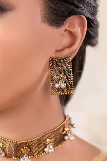 Shop Anana Gold Plated Pearls Two Tone Choker Necklace And Earrings Set at Aza Fashions Shop_Anana_Gold Plated Pearls Two Tone Choker Necklace And Earrings Set _at_Aza_Fashions