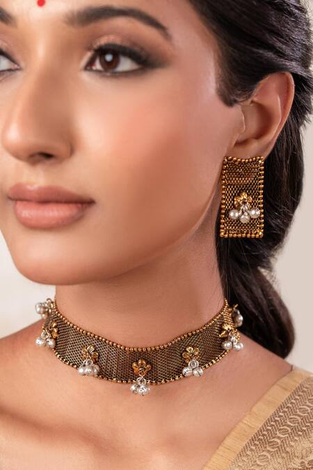 Anana Gold Plated Pearls Two Tone Choker Necklace And Earrings Set Online at Aza Fashions Anana_Gold Plated Pearls Two Tone Choker Necklace And Earrings Set _Online_at_Aza_Fashions