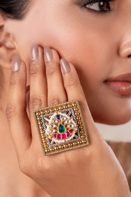 Shop Anana Red Imitation Gemstones Ruby Two Tone Designer Ring at Aza Fashions Shop_Anana_Red Imitation Gemstones Ruby Two Tone Designer Ring _at_Aza_Fashions