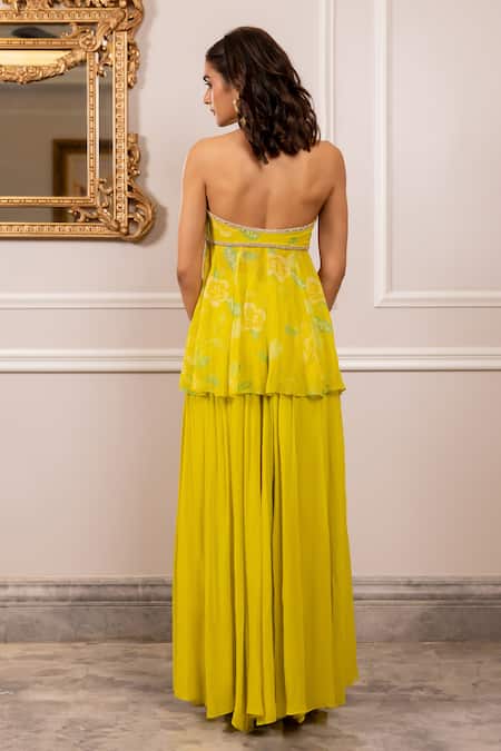 Paulmi And Harsh Yellow Georgette Tunic & Palazzo Set 