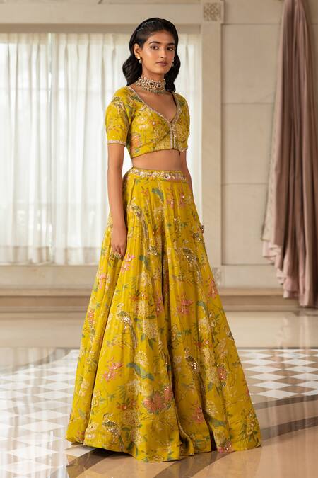 Buy_Paulmi And Harsh_Yellow Organza Tassels, Sequins, Embroidery Floral Print Gokul Lehenga Set _Online_at_Aza_Fashions