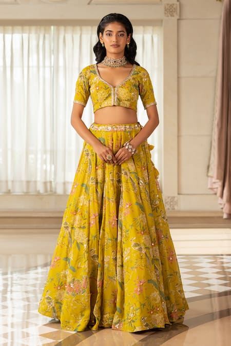 Paulmi And Harsh_Yellow Organza Tassels, Sequins, Embroidery Floral Print Gokul Lehenga Set _at_Aza_Fashions