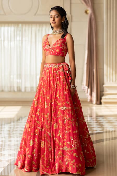 Paulmi And Harsh_Pink Georgette, Organza Embroidery V-neck Floral Print Lehenga Set _Online_at_Aza_Fashions