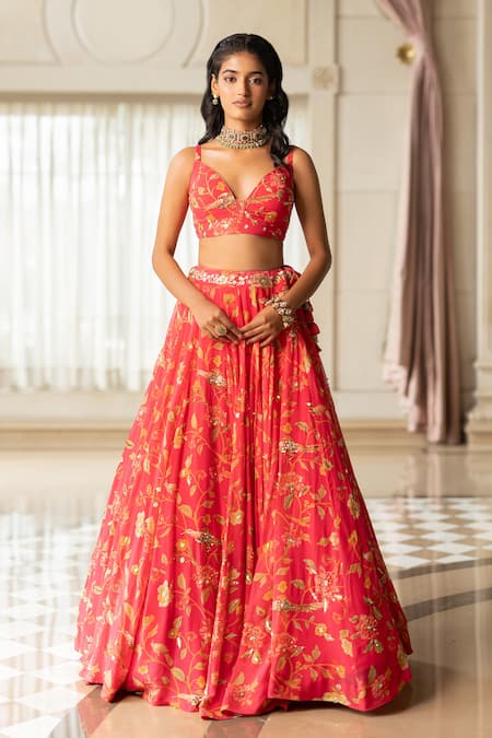 Buy_Paulmi And Harsh_Pink Georgette, Organza Embroidery V-neck Floral Print Lehenga Set _Online_at_Aza_Fashions