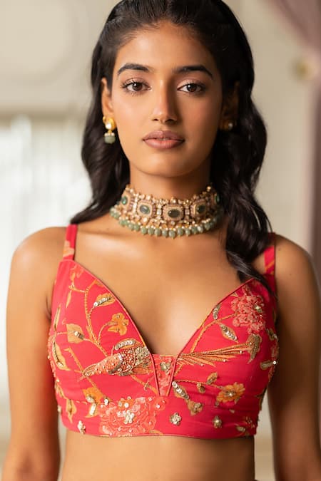 Shop_Paulmi And Harsh_Pink Georgette, Organza Embroidery V-neck Floral Print Lehenga Set _Online_at_Aza_Fashions