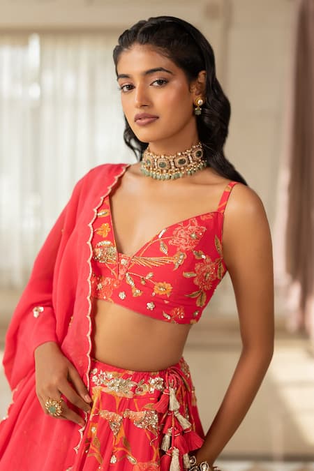 Paulmi And Harsh_Pink Georgette, Organza Embroidery V-neck Floral Print Lehenga Set _at_Aza_Fashions