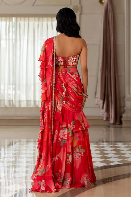 Paulmi And Harsh Floral Print Pre-Draped Saree With Blouse 