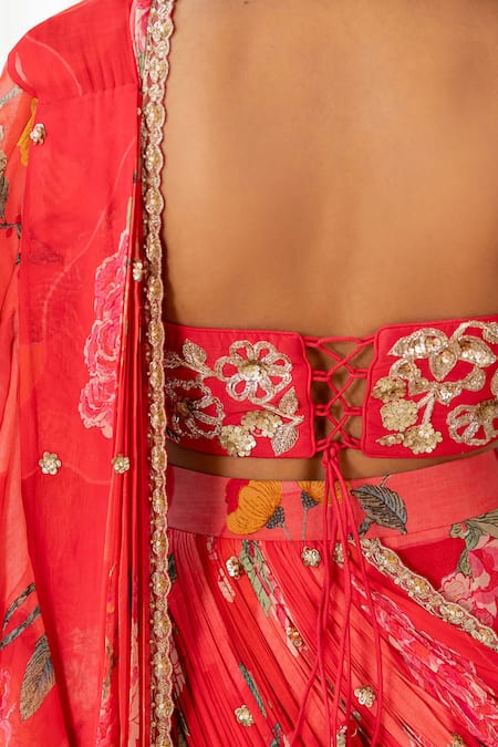 Shop_Paulmi And Harsh_Pink Georgette, Silk Sequins, Floral Print Pre-draped Saree With Blouse _Online_at_Aza_Fashions