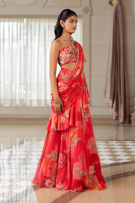 Paulmi And Harsh_Pink Georgette, Silk Sequins, Floral Print Pre-draped Saree With Blouse _at_Aza_Fashions