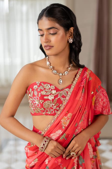 Buy_Paulmi And Harsh_Pink Georgette, Silk Sequins, Floral Print Pre-draped Saree With Blouse 