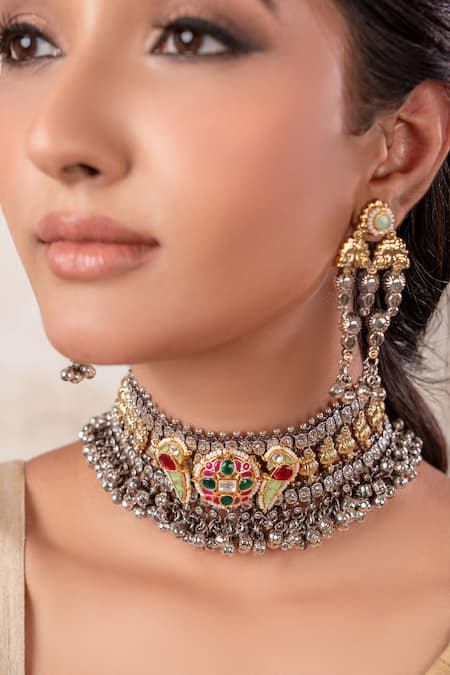 Anana Ruby Red Two Tone Choker Necklace & Earrings Set 