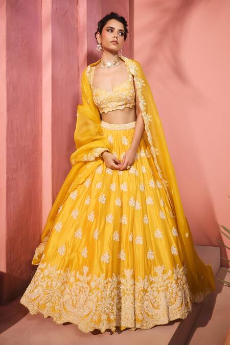 Shop_Aneesh Agarwaal_Yellow , Taffeta, Organza Embroidery Sweetheart Neck Lehenga Set _Online_at_Aza_Fashions