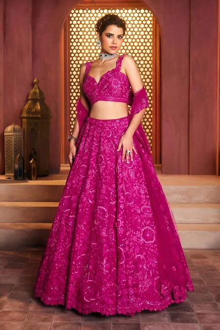 Buy_Aneesh Agarwaal_Fuchsia Silk Organza, Net Sequins, Embroidery Fuschia Designer Lehenga Set _Online_at_Aza_Fashions