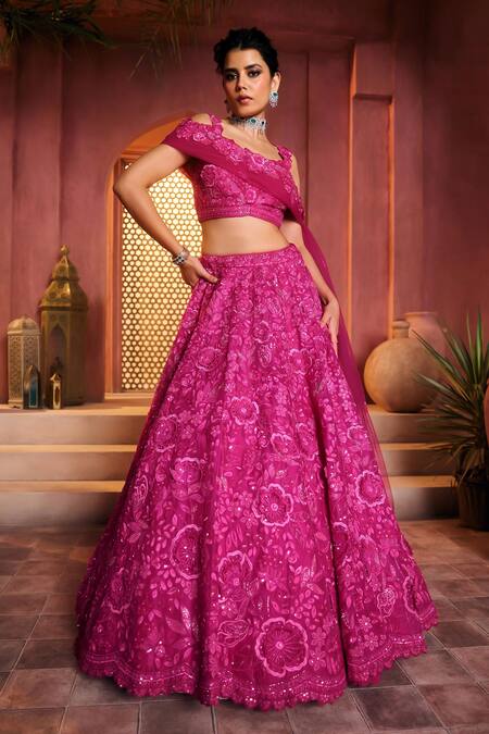 Aneesh Agarwaal_Fuchsia Silk Organza, Net Sequins, Embroidery Fuschia Designer Lehenga Set _at_Aza_Fashions