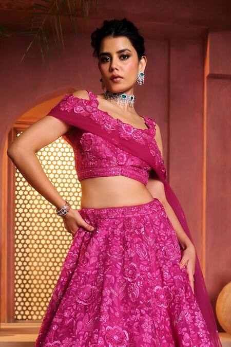 Buy_Aneesh Agarwaal_Fuchsia Silk Organza, Net Sequins, Embroidery Fuschia Designer Lehenga Set 