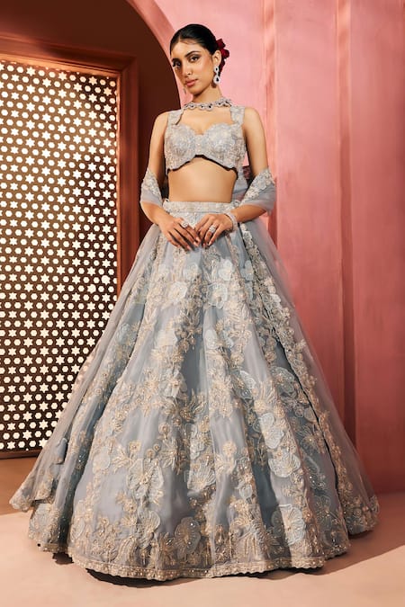 Aneesh Agarwaal Blue Silk Organza, Net Embroidery, Sequins Light Designer Lehenga Set 
