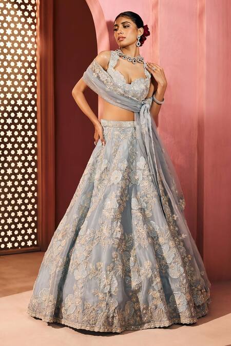 Buy_Aneesh Agarwaal_Blue Silk Organza, Net Embroidery, Sequins Light Designer Lehenga Set _Online_at_Aza_Fashions
